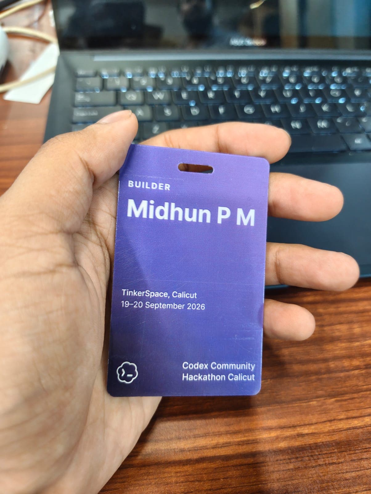 Midhun P M's builder badge for Codex Community Hackathon Calicut, dated 19–20 September 2026