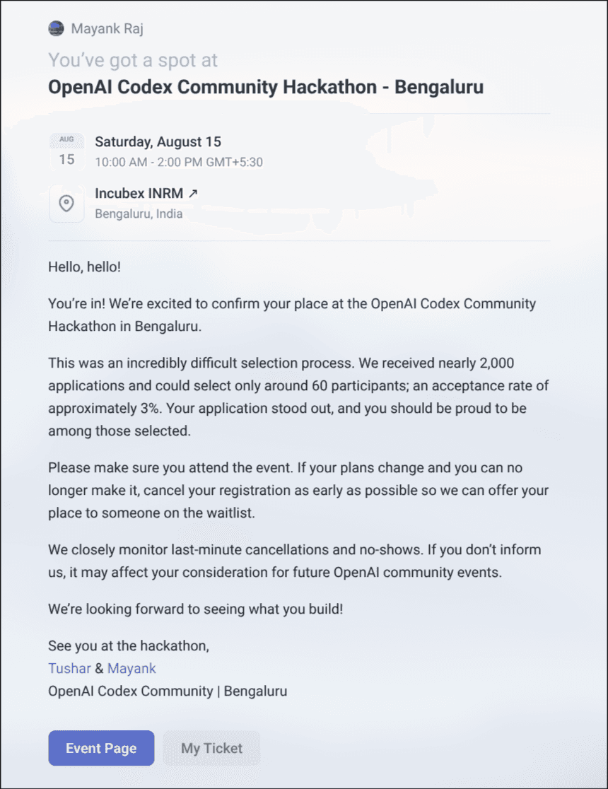 Invitation confirming Midhun P M's place at the OpenAI Codex Community Hackathon in Bengaluru, noting nearly 2,000 applications and around 60 participants