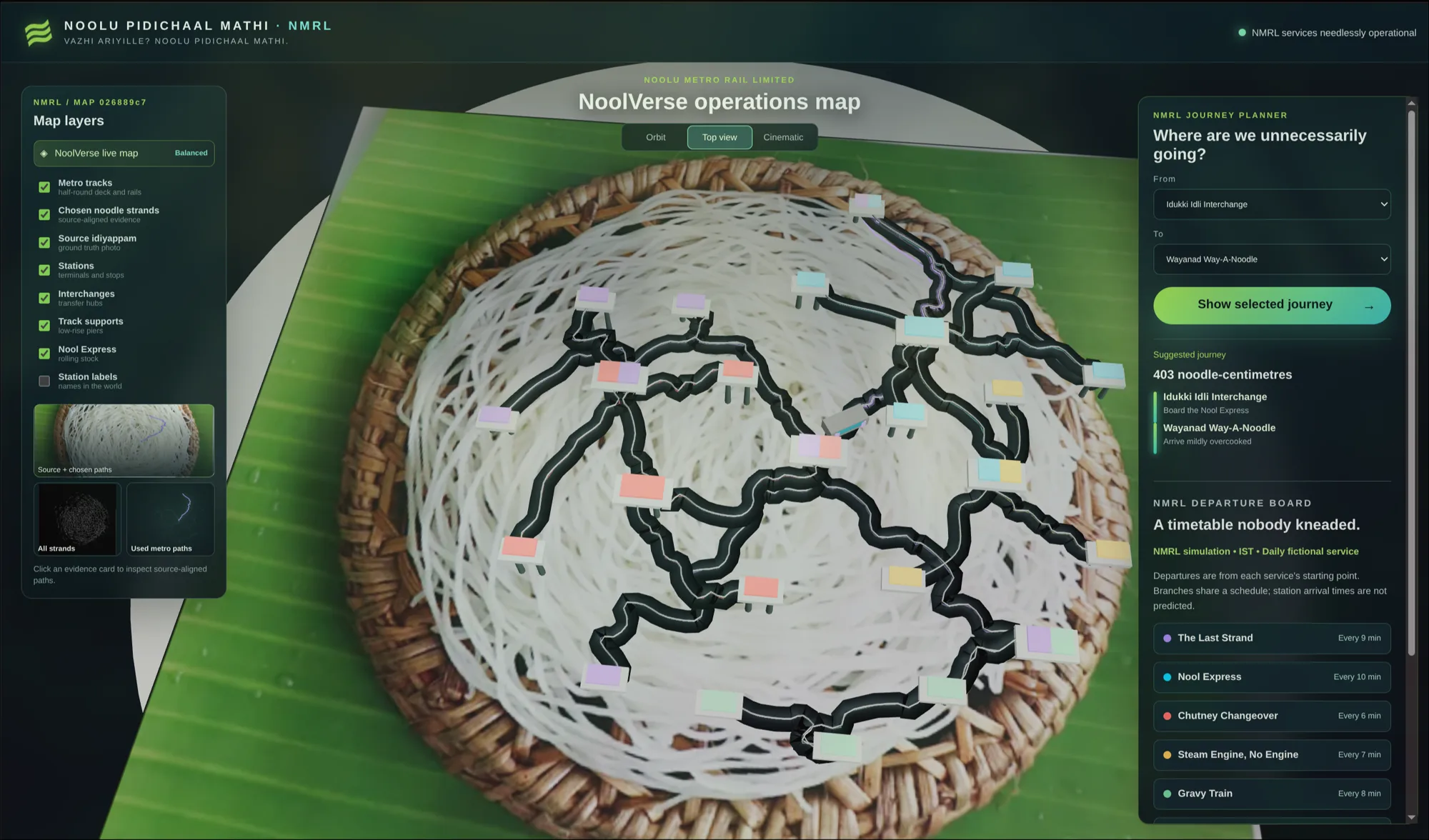 NoolVerse operations map showing a fictional metro network traced over an idiyappam photograph